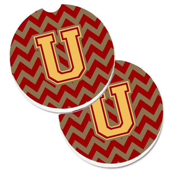 Carolines Treasures Letter U Chevron Garnet and Gold Set of 2 Cup Holder Car Coaster CJ1048-UCARC - main